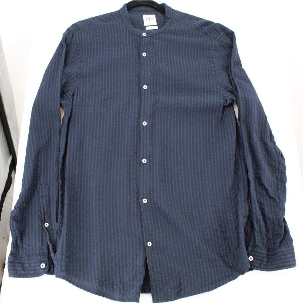 Zara Man Button Down Shirt Men's Large Relaxed Fit Navy Striped Mandarin Collar